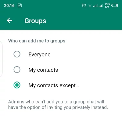 WhatsApp Groups 'My contacts except' option